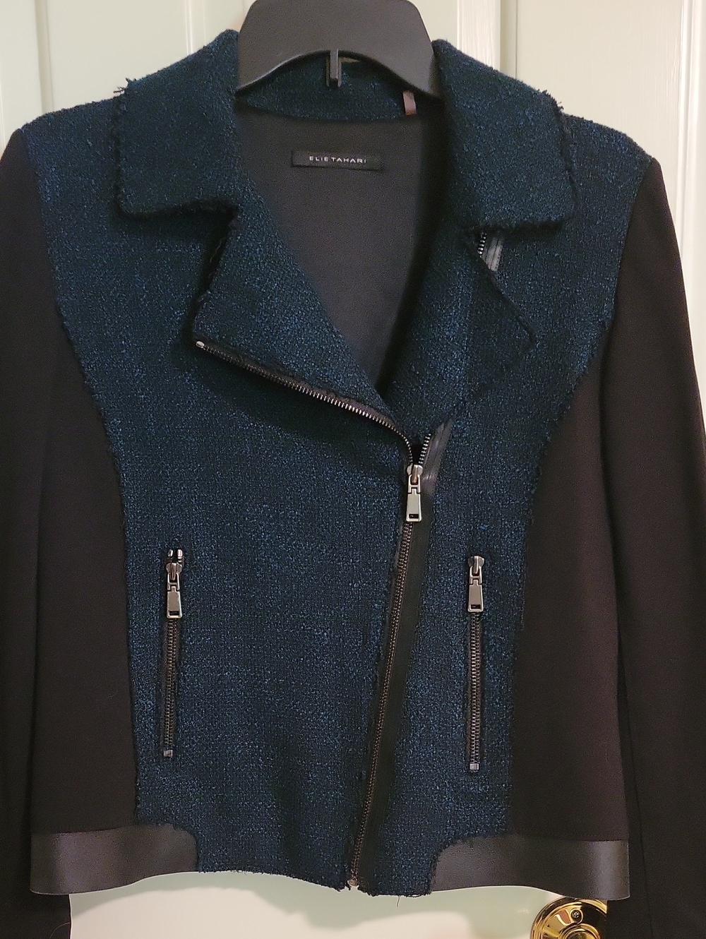 Elie Tahari Teal Bouclé and Black Moto Zip Jacket